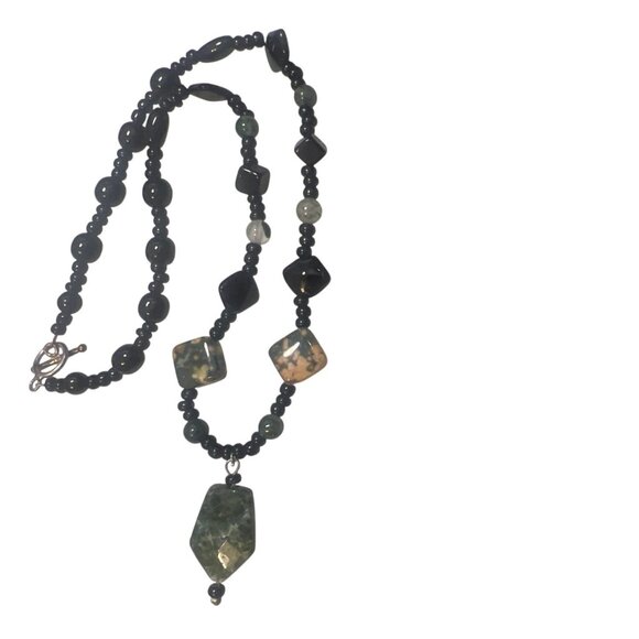 18" Necklace Natural Stone Beads Pendant Silver Clasp Onyx Moss Agate Ocean Jasp - Picture 5 of 8